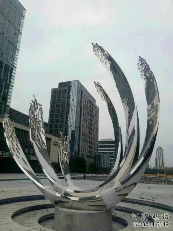 白銀地面噴泉雕塑小品，圓環(huán)結(jié)構(gòu)概念，旱地水景噴泉體系