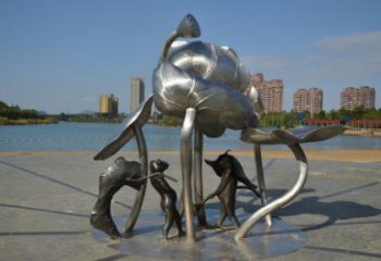 三明蓮蓬嬉戲雕塑，城市植物景觀雕塑，不銹鋼鏡面效果